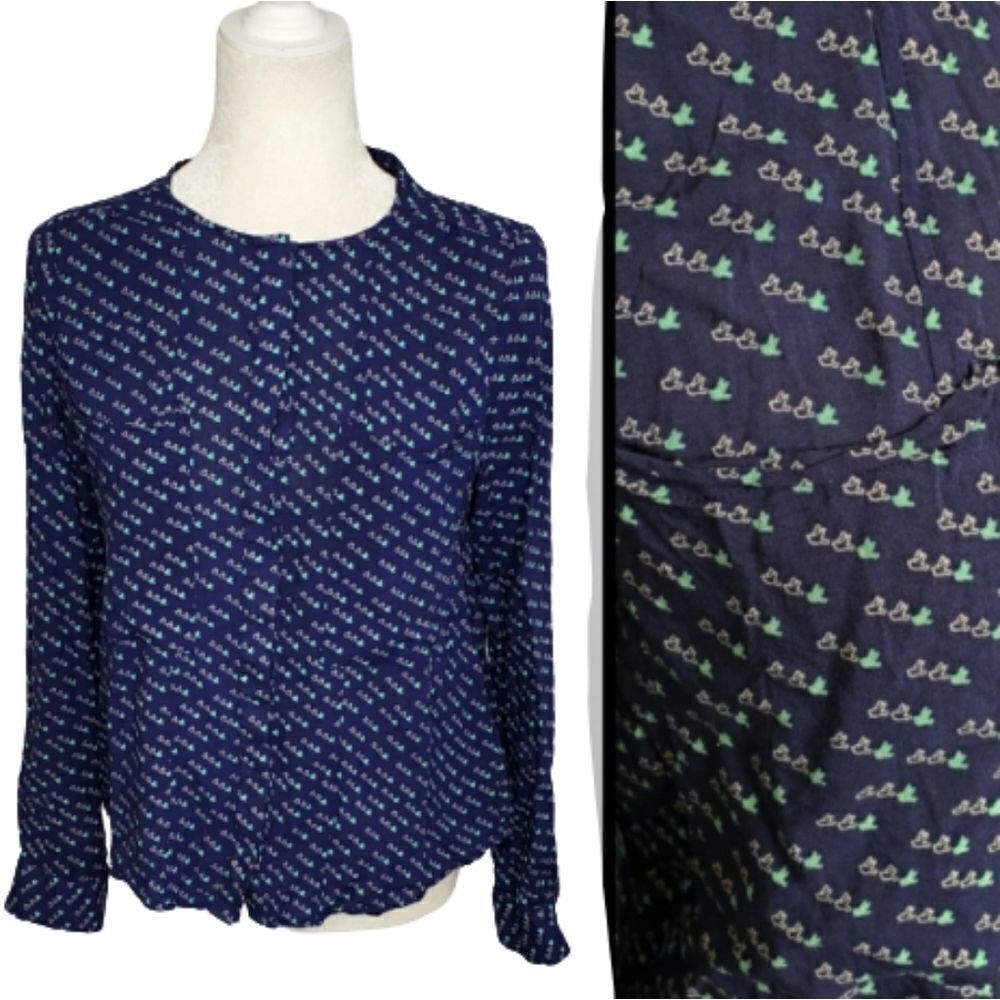ANTHROPOLOGIE Maeve blouse Clara blue‎ button up split back bird shirt 4